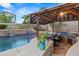 Enjoy outdoor dining and the scenic pool view from the backyard's covered bar area at 2454 E Ebony Dr, Chandler, AZ 85286