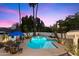 A beautiful backyard pool is surrounded by palm trees and cozy seating under a colorful sunset sky at 25 W Frier Dr, Phoenix, AZ 85021