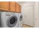 Well-equipped laundry area with a stacked washer and dryer, cabinets and a convenient door at 3792 E Westchester Dr, Chandler, AZ 85249