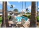 Relaxing pool area surrounded by lush landscaping and palm trees, perfect for outdoor living at 10052 N 77Th St, Scottsdale, AZ 85258