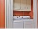 Efficient laundry room with overhead storage cabinets and modern white washer and dryer at 11029 W Palmeras Dr, Sun City, AZ 85373