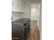 Convenient laundry room featuring modern washer and dryer units and cabinet storage at 12814 N 19Th Pl # 19, Phoenix, AZ 85022