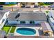 Aerial view of backyard with pool, backyard, and covered patio with seating at 7014 E Latham St, Scottsdale, AZ 85257