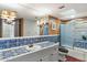 Updated bathroom with blue patterned tile, vanity and cabinet for storage at 7451 E Long Rifle Rd, Carefree, AZ 85377