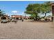 An expansive desert backyard dotted with lush greenery, complemented by red tile roofs and clear skies at 9437 E Champagne Dr, Sun Lakes, AZ 85248
