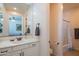 Bright bathroom featuring a single sink vanity, framed mirror, and a separate toilet and shower area at 9729 E Theia Dr, Mesa, AZ 85212