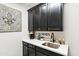 Close-up of the laundry room showcasing the sink, dark cabinets, quartz counters, laundry supplies, and decorative art at 12539 W Tuckey Ln, Glendale, AZ 85307