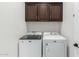 Bright laundry room featuring modern Maytag washer and dryer with overhead dark wood cabinets at 18006 W Hess St, Goodyear, AZ 85338