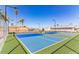 Outdoor pickleball courts with blue playing surfaces, nets, and green surrounding area at 205 S Higley Rd # 52, Mesa, AZ 85206