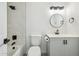 Modern bathroom featuring a shower over the tub with stylish grey vanity and updated fixtures at 6173 N Granite Reef Rd, Scottsdale, AZ 85250