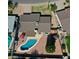 Aerial view of a landscaped backyard featuring a private pool and cozy patio space at 4201 W Brown St, Phoenix, AZ 85051