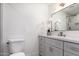 Elegant bathroom featuring a modern vanity with gray cabinets and a large mirror at 5726 E Woodridge Dr, Scottsdale, AZ 85254