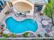 Stunning aerial view of the backyard pool, patio, desert landscaping, and outdoor seating area at 7705 E Doubletree Ranch Rd # 29, Scottsdale, AZ 85258