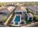 Aerial view of a private backyard with a sparkling pool, spa, covered patio, and lush landscaping at 12924 W Caraveo Pl, Peoria, AZ 85383