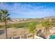 Scenic backyard view of a golf course and desert landscape, framed by palm trees and a pool at 22491 W Woodlands Ave, Buckeye, AZ 85326