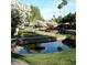 Scenic community pond with lush landscaping and flowering trees reflecting in the water at 482 Leisure World --, Mesa, AZ 85206