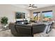 Cozy living room with corner windows, comfortable seating, and a large TV at 5210 E Calle De Baca --, Cave Creek, AZ 85331
