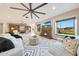 Spacious living room with a fireplace, plush seating, and views into other living spaces at 6615 E Shea Blvd, Scottsdale, AZ 85254