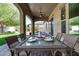 Undercover patio area with a rattan table set for six and a lush backyard at 7576 W Quail Ave, Glendale, AZ 85308