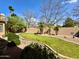Beautiful backyard features green grass, desert landscaping, privacy wall, and winding rock border at 1339 N Tucana Ln, Gilbert, AZ 85234