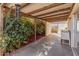 Covered patio featuring an outdoor sink, vibrant bougainvillea, and rustic wooden beams at 2349 W Shaw Butte Dr, Phoenix, AZ 85029