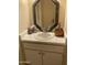 Cozy bathroom vanity with speckled countertop, decorative mirror, and ample storage space below the sink at 5910 N 86Th St, Scottsdale, AZ 85250
