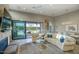 Bright and airy living room featuring a comfortable seating area, a brick fireplace, and sliding glass doors to the backyard at 9671 E West View Dr, Scottsdale, AZ 85255