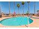 A refreshing community pool with palm trees and lounge chairs under a clear blue sky at 652 S Ellsworth Rd # 92, Mesa, AZ 85208