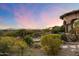 Picturesque backyard featuring a fire pit, stone accents, desert landscaping, and stunning mountain views at 11988 E Larkspur Dr, Scottsdale, AZ 85259