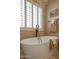 Modern white soaking tub next to window with plantation shutters and neutral decor at 14507 W Christy Dr, Surprise, AZ 85379