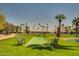 Beautiful community lawn featuring bench seating, shuffleboard and palm trees at 3104 E Broadway Rd -- # 287, Mesa, AZ 85204