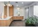 This bathroom features wood cabinets, pendant lights, and a planter at 39877 N 107Th Way, Scottsdale, AZ 85262