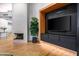 Contemporary living room with a fireplace, built-in storage, and stylish design at 39877 N 107Th Way, Scottsdale, AZ 85262
