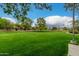 Expansive green community greenbelt with a mature trees and blue sky with some clouds in the background at 6963 W Aurora Dr, Glendale, AZ 85308