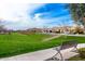 Scenic community greenbelt with lush grass, mature trees, and walking path; bench offers a peaceful relaxation spot at 9544 E Theia Dr, Mesa, AZ 85212