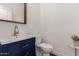 Stylish powder room with a modern vanity, gold hardware, and a framed mirror at 9544 E Theia Dr, Mesa, AZ 85212