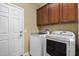 Clean laundry room with updated white front-loading washer and dryer and wood cabinetry at 20515 N 271St Ave, Buckeye, AZ 85396