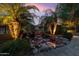 Lush backyard with a water feature surrounded by palm trees and manicured garden at 22419 W La Pasada Blvd, Buckeye, AZ 85326