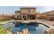 Backyard featuring a pool, outdoor dining area, with lush desert landscaping perfect for entertainment at 3234 E Marco Polo Rd, Phoenix, AZ 85050