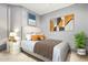Comfortable bedroom features neutral tones, a plush bed with decorative pillows, and a modern art collection at 9716 N 3Rd Dr, Phoenix, AZ 85021