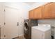Bright laundry room featuring modern washer and dryer, cabinet space, and access to the backyard at 32160 N Dog Leg Ct, San Tan Valley, AZ 85143
