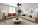 Bright living room boasts neutral tones, a large window, and stylish furnishings, creating an inviting and comfortable space at 32160 N Dog Leg Ct, San Tan Valley, AZ 85143