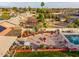 Aerial shot highlights backyard features, including a patio, desert landscaping, and grassy lawn at 5607 E Enrose St, Mesa, AZ 85205