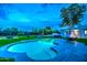 Stunning backyard with a pool, barbecue area, and ample space for recreation on lush artificial turf at 12209 N 66Th St, Scottsdale, AZ 85254