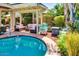 Backyard pool with a covered patio, comfortable seating, and a built-in fire pit at 16026 N 171St Ln, Surprise, AZ 85388
