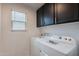 This laundry room has white appliances and black cabinets at 21266 E Via De Olivos --, Queen Creek, AZ 85142