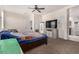 Cozy carpeted bedroom featuring a TV, ceiling fan, and natural light, creating a relaxing atmosphere at 5180 E Diatomite Dr, San Tan Valley, AZ 85143