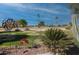 View of the golf course from the backyard, enhanced with desert landscaping, red flowers, and unique metal art at 10106 W Highwood Ln, Sun City, AZ 85373