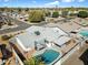 Aerial shot of a backyard featuring a sparkling swimming pool, covered patio area and a desert landscape at 2801 N Dakota St, Chandler, AZ 85225