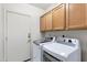 Well-equipped laundry room with modern washer and dryer units and overhead cabinets at 3017 S Mesita --, Mesa, AZ 85212